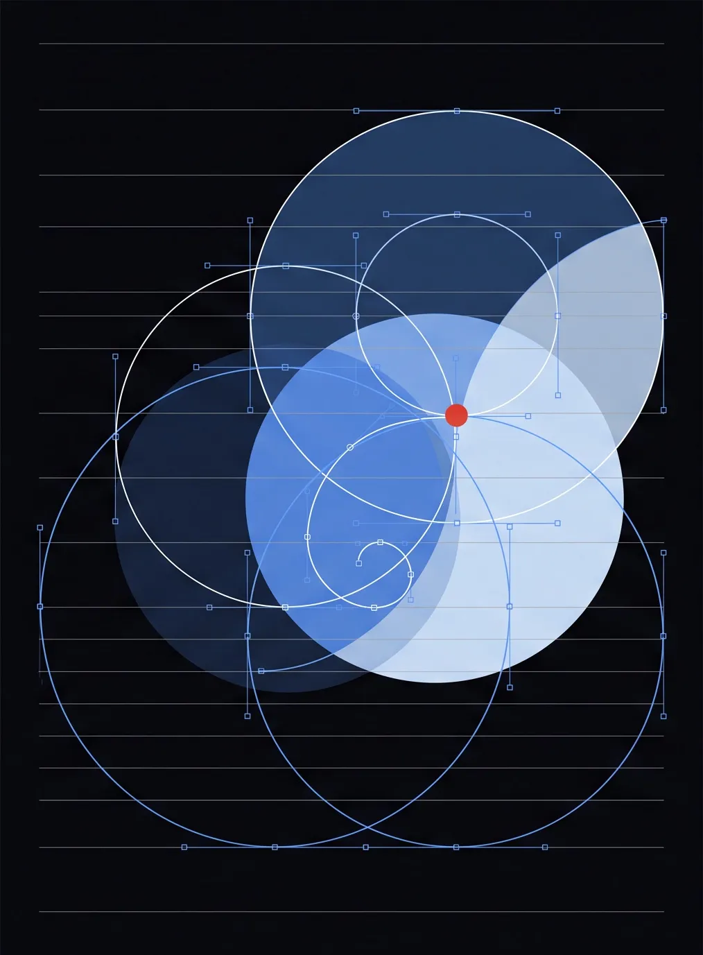 Abstract study: golden-ratio circles and bezier handles on a typographic baseline grid.