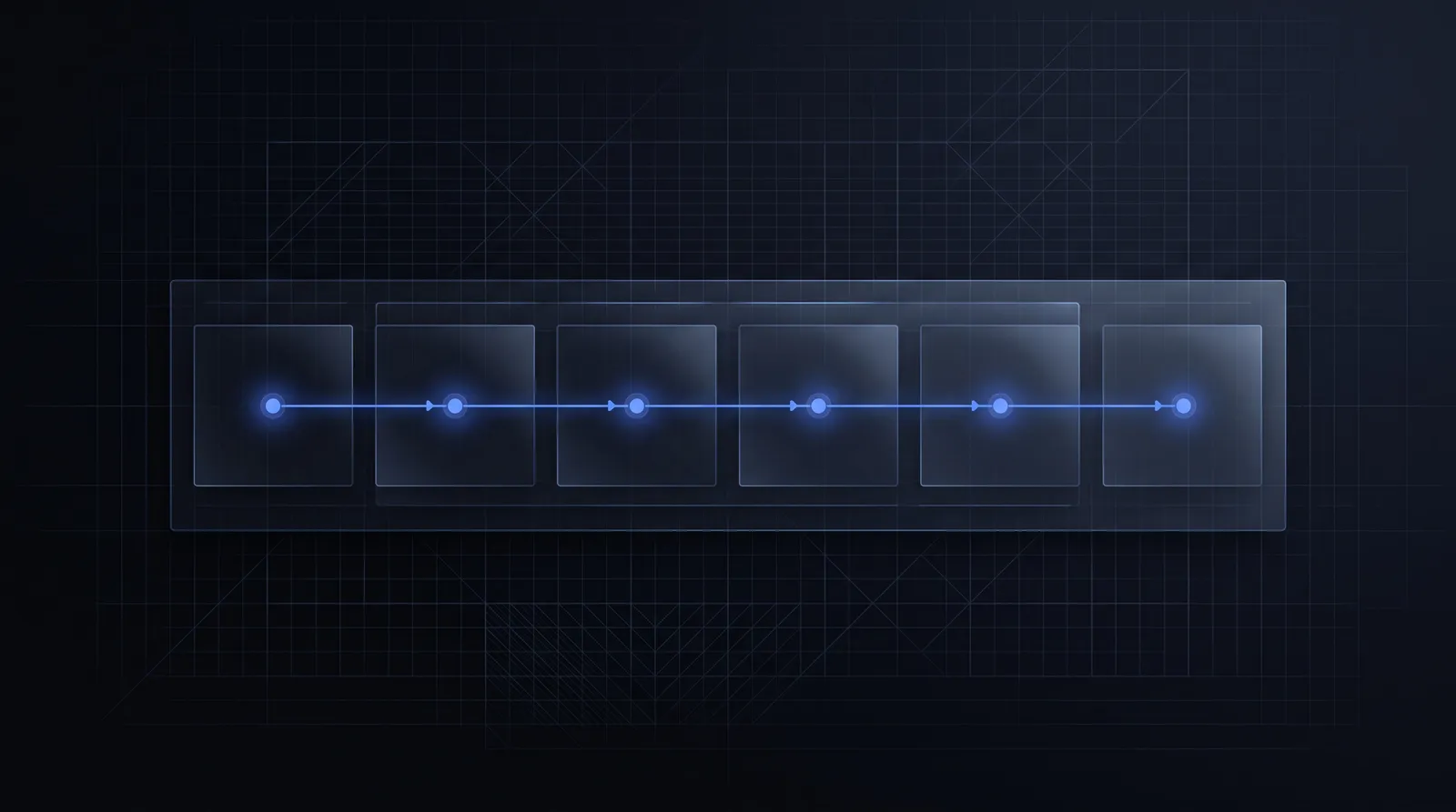 Abstract study: six connected stages flowing left to right over a faint grid.