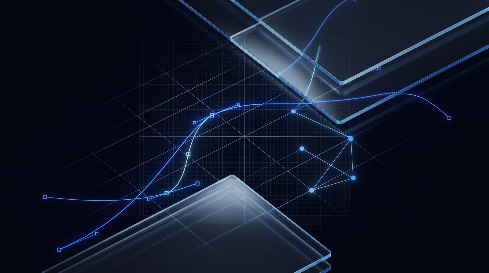 Abstract study: connected nodes over a blueprint grid with layered glass planes.