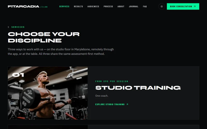Studio training, online coaching and nutrition, each with a starting price
