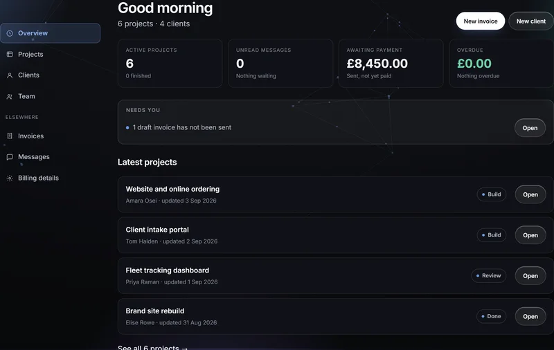 Client portal dashboard with projects and invoices.