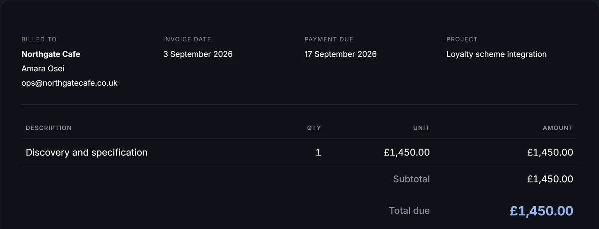An invoice in the portal: who it is billed to, the line items, and the total due.