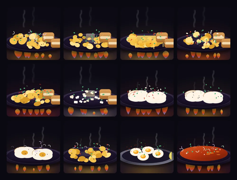 Twelve dish illustrations, each generated from one line of code