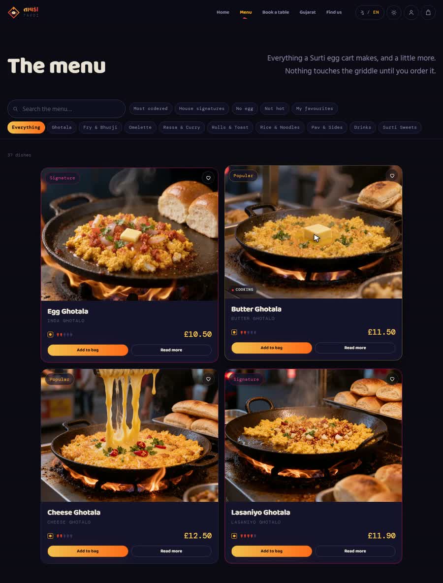 The TAVDI menu: four dishes cooking on griddles, with prices and Add to bag buttons