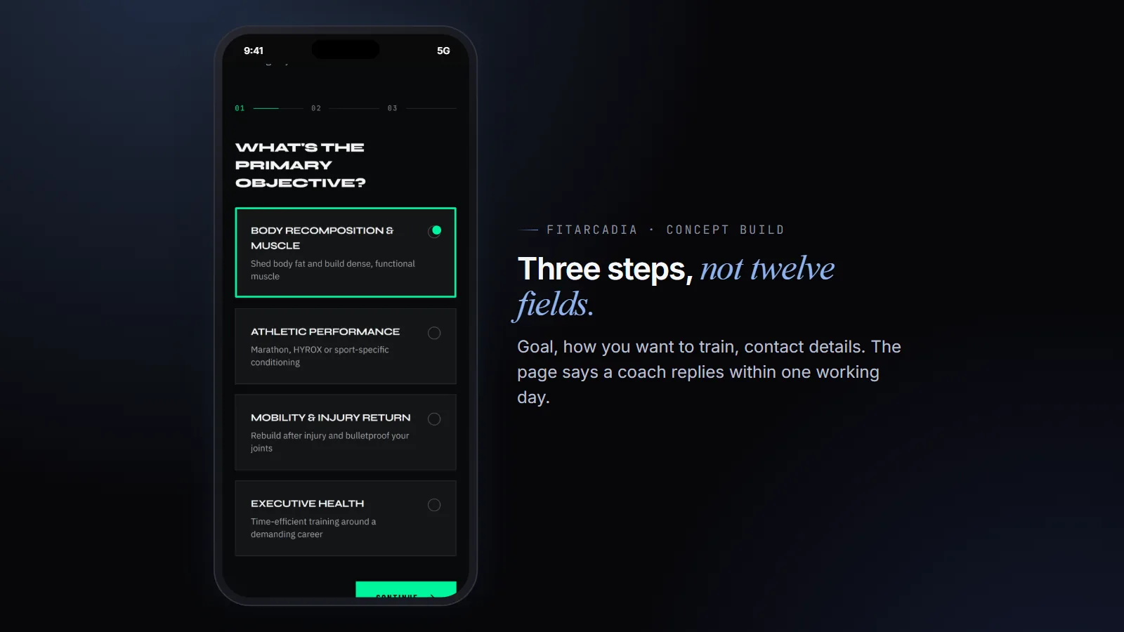 FitArcadia's three-step enquiry, with the first choice made