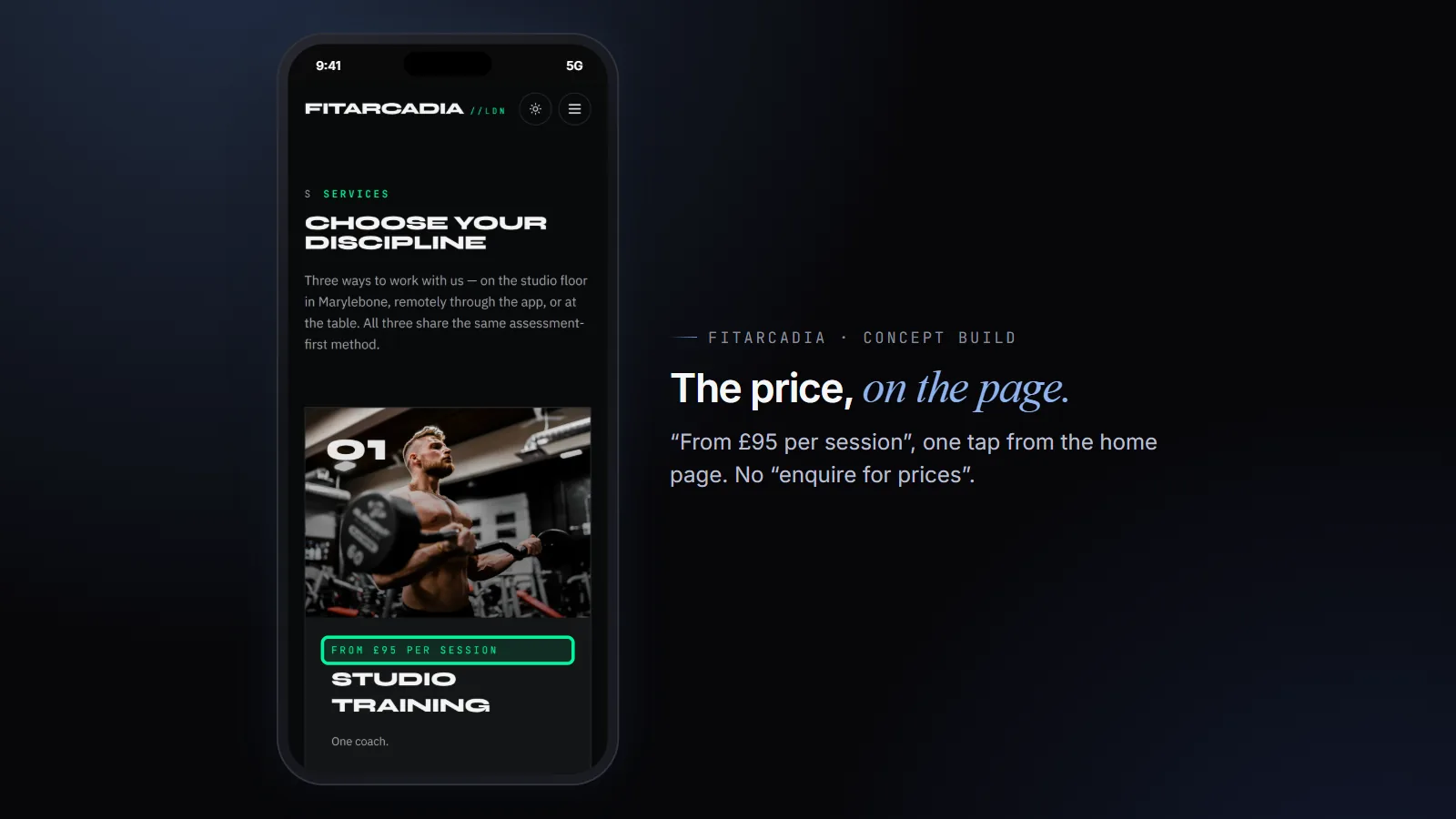 FitArcadia's services page, with the price highlighted