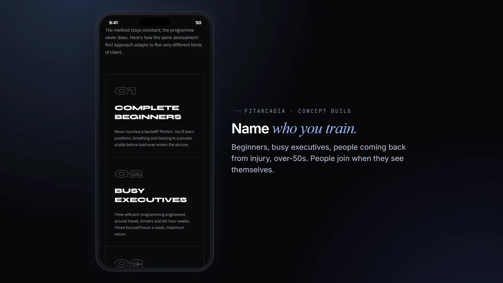 FitArcadia's "who we coach" page on a phone