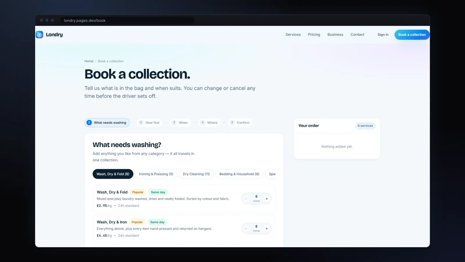 LonDry's "book a collection" page