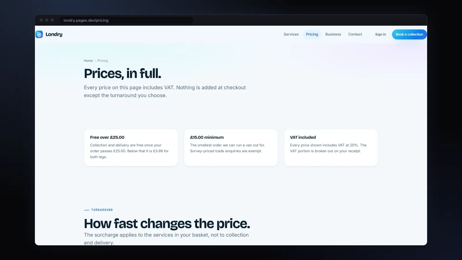 LonDry's pricing page: every price in full, VAT included