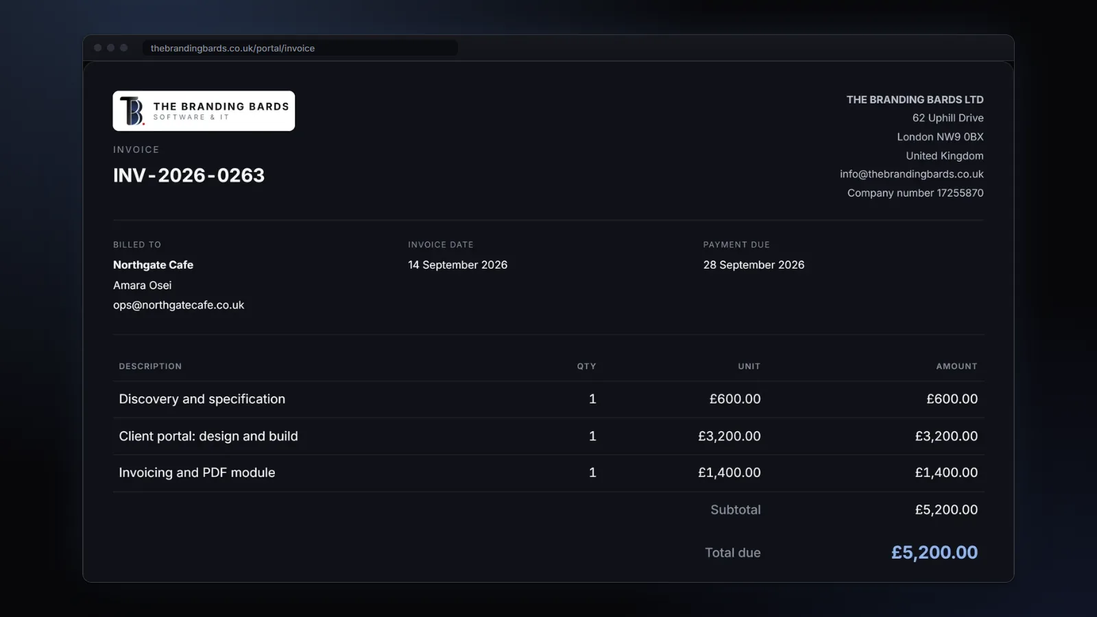 An invoice in our portal, shown with sample data