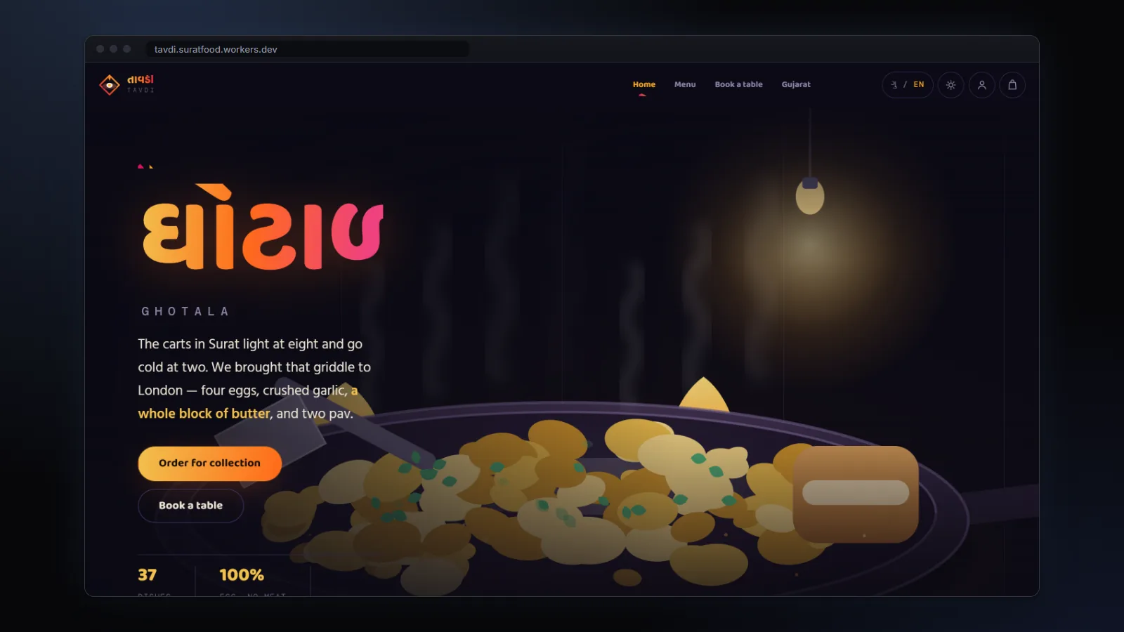 The TAVDI concept's home page: order for collection, or book a table